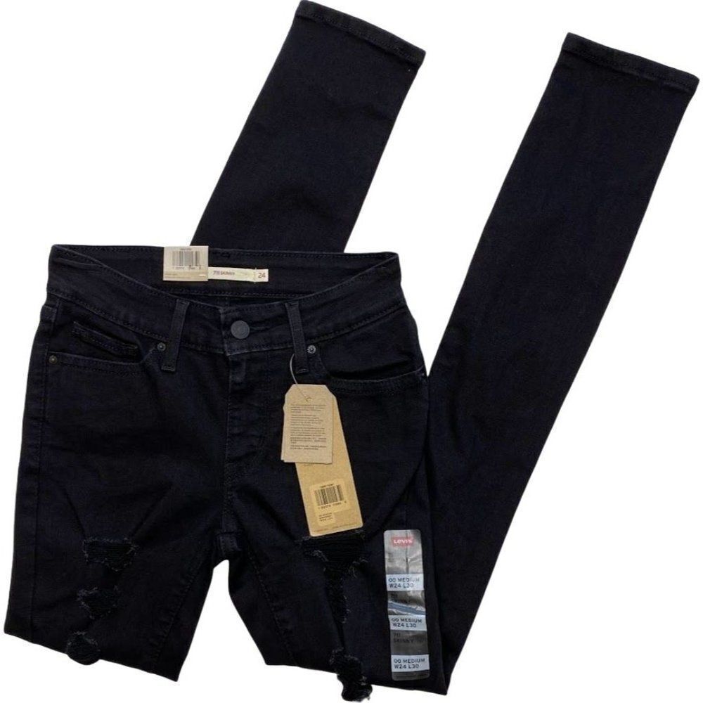 Levi's 711 Skinny Ripped Jeans Women's 00 24 Black Super Stretch‎ Distressed NEW